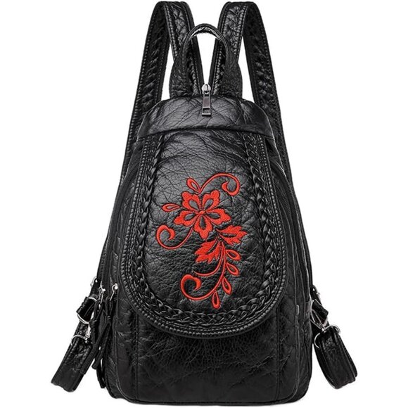 Jewelry - Women's Black Red Flower Soft Pu Leather Purse Chest Packs Travel Bag Backpack